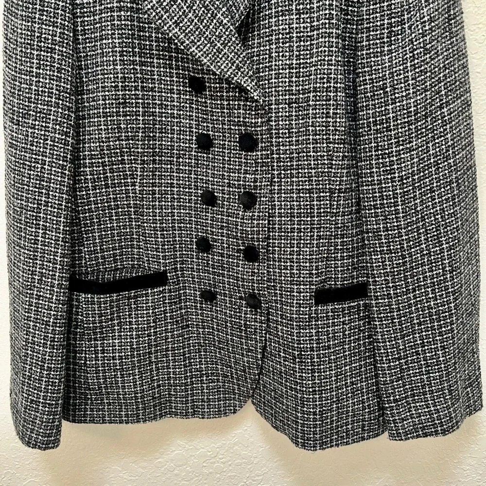 Worthington VTG Black White Tweed Blazer Velvet Collar Double Breasted Size 12T